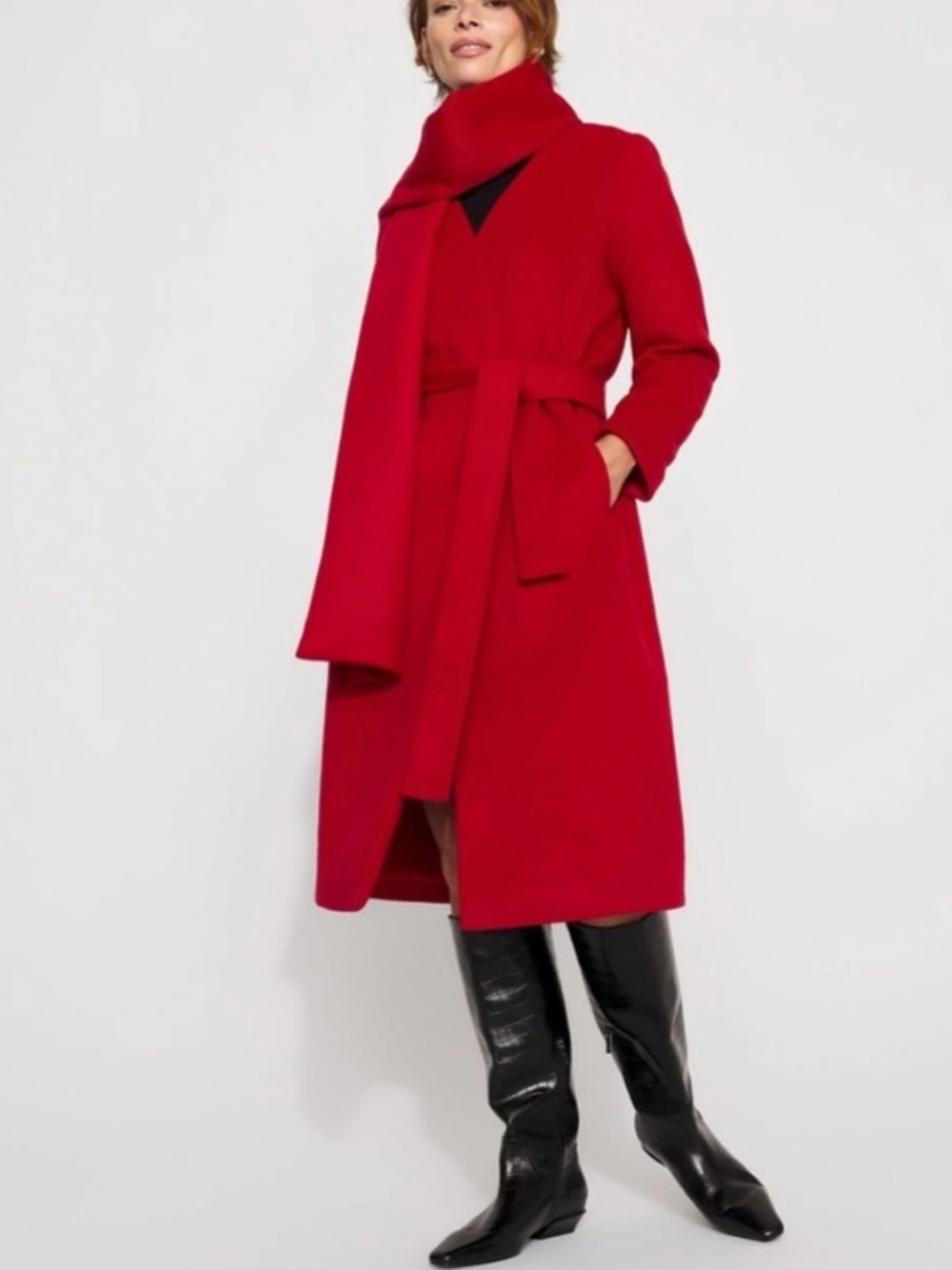 White House Black Market Red scarf Wrap Belted Wool Coat Sz M New $325